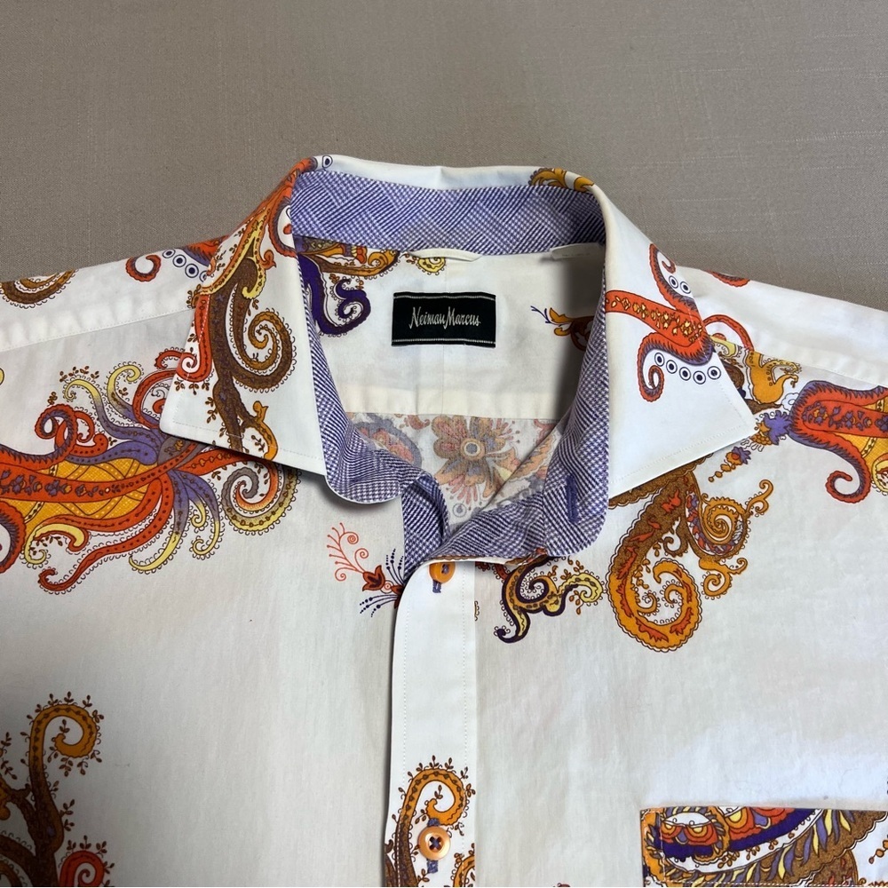 Neiman Marcus Men’s Paisley Print Button-Down Shirt | Medium | Short Sleeve - Picture 2 of 14